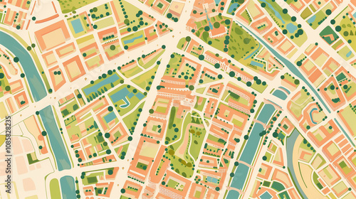 An aerial view of a vibrant urban neighborhood filled with green spaces, winding waterways, and architectural beauty during a sunny day