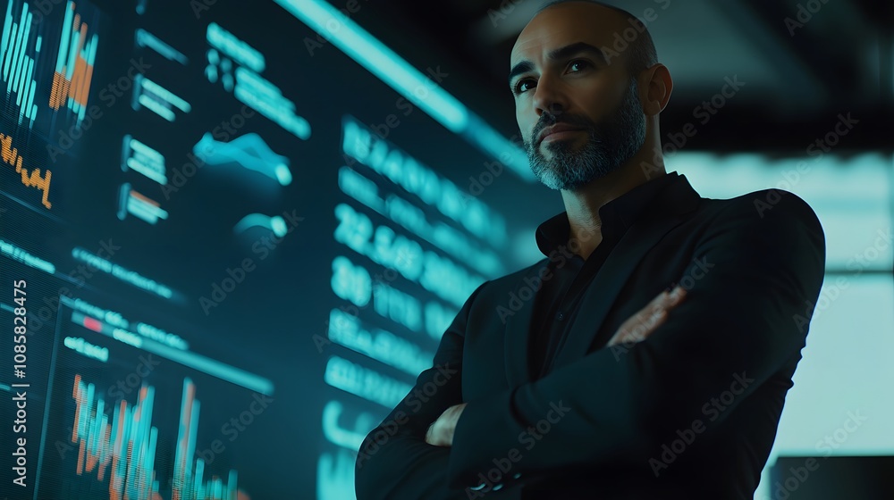 Fototapeta premium Confident businessman analyzes data, strategic vision illuminated by tech, a leader in digital finance.