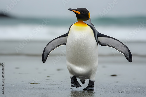 Majestic King Penguin waddling along the shoreline. photo