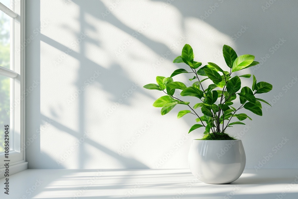 3D render close up of a garden view white bay window with a green minimal leaves plants in a pot. Morning sunlight show beautiful window frame shadow. Background, Mock up, Products overlay, 3D render close up of a garden view white bay window with a green minimal leaves plants in a pot. Morning sunlight show beautiful window frame shadow. Background, Mock up, Products overlay,