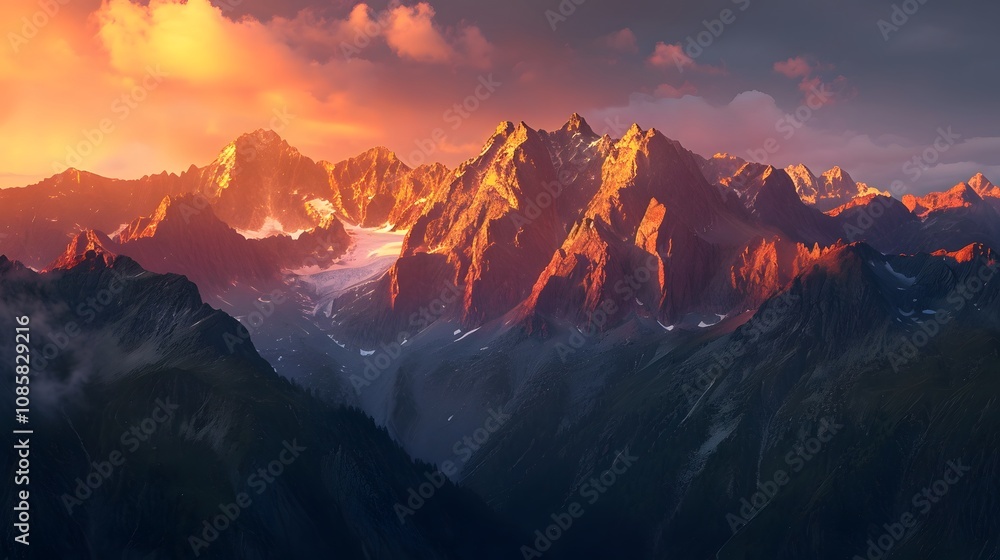 Naklejka premium Breathtaking mountain landscape with vivid sunset colors highlighting sharp snowy peaks