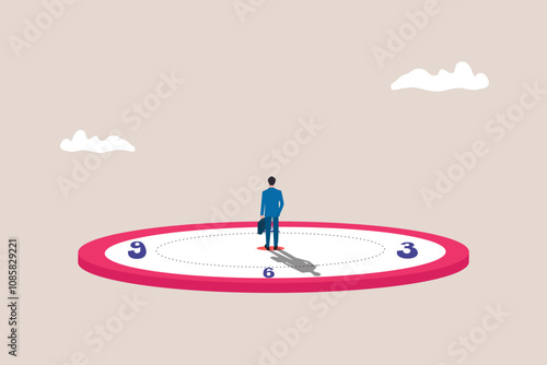 Businessman standing on clocks, organizing time, planning tasks and scheduling. Concept of effective self organization and management control