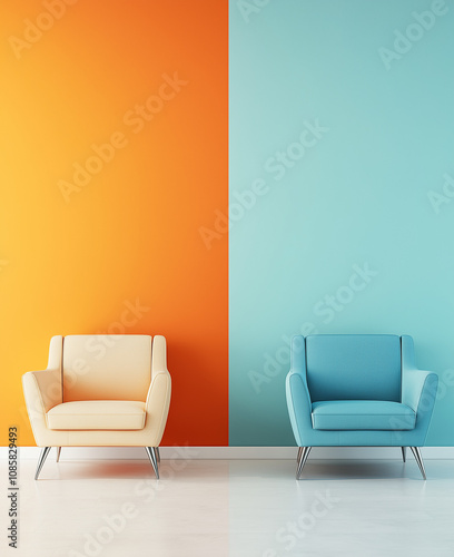 A modern and minimalist interior design featuring a split-color wall in orange and blue hues. Two sleek armchairs, one beige and one blue, complement the respective wall colors, with a polished floor.