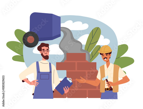 Builders working with bricks. Men in uniform and safety helmet near concrete mixer and brick wall. Construction, architecture and engineering. Flat vector illustration isolated on white background