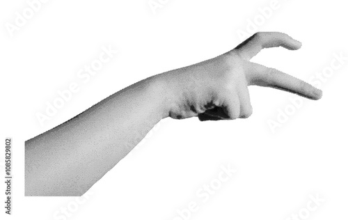 Childish hand gesture with crooked fingers, side view, isolated in retro halftone dot style. Funny, cute motion in a nostalgic 1990s inspired design. Vintage grunge texture with