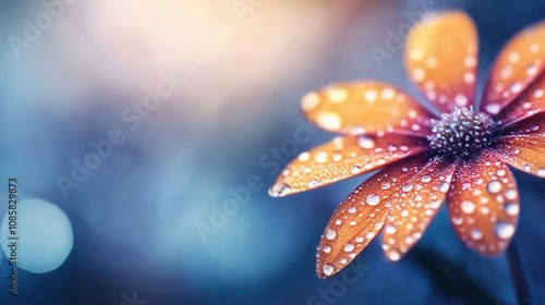 Vibrant close-up of a delicate orange flower with glistening water droplets on petals, set against a dreamy softly blurred pastel background for stunning visual appeal