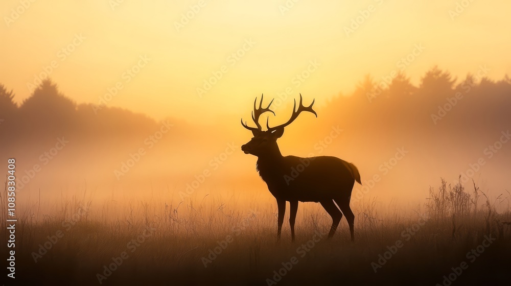 Silhouette of a deer standing in a field at sunrise with fog in the background. Silhouette of a deer standing in a field at sunrise with fog in the background.