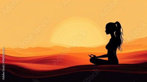 Woman Meditating at Sunset Over Rolling Hills photo