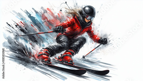 Dynamic watercolor painting of female skier in action in a red jacket, black trousers and a black helmet with goggles
