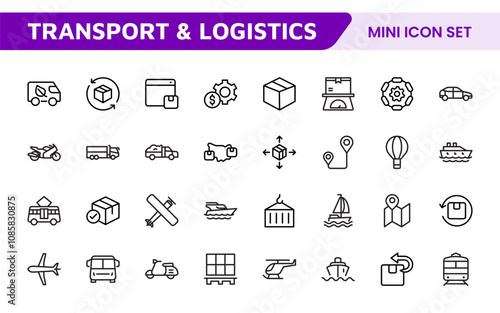 Transport and Logistics Icon Collection. High-Quality Icons for Shipping, Delivery, Freight, Fleet Management, Cargo Handling, and Supply Chain Optimization