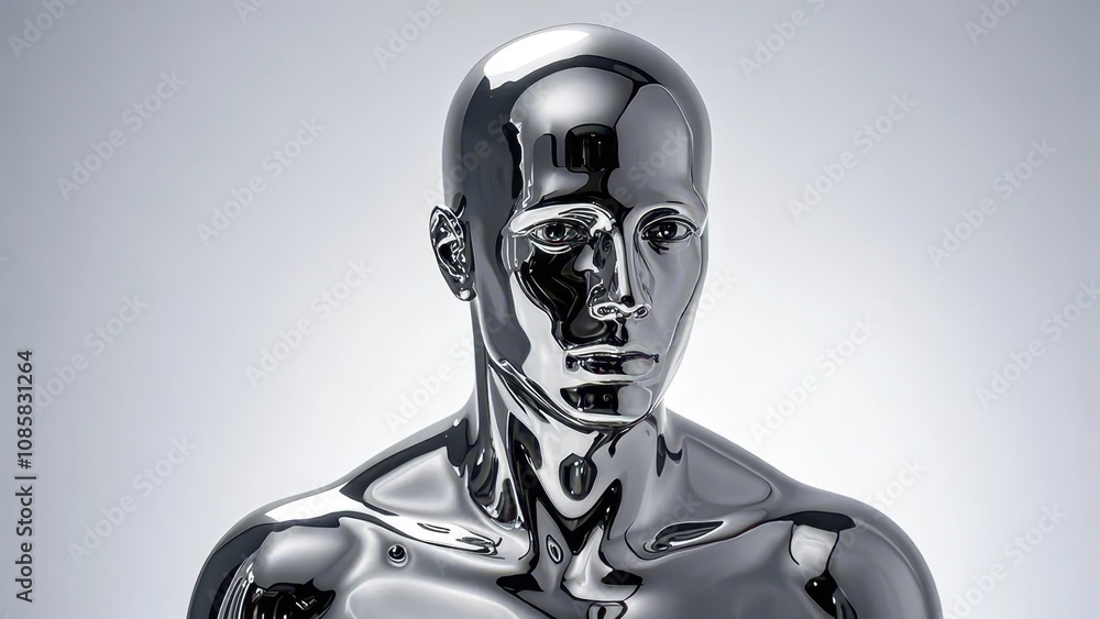A close-up of the face and upper body of an ultra-realistic sculpture made from liquid metal, with reflections that highlight its reflective surface A close-up of the face and upper body of an ultra-realistic sculpture made from liquid metal, with reflections that highlight its reflective surface