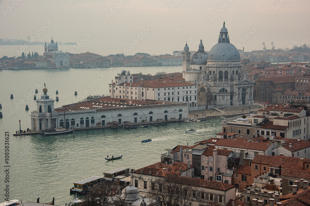 Fototapeta premium View of the church Santa Maria della Salute and the Grand Canal. As seen from the Campanile San Marco on a misty December morning.