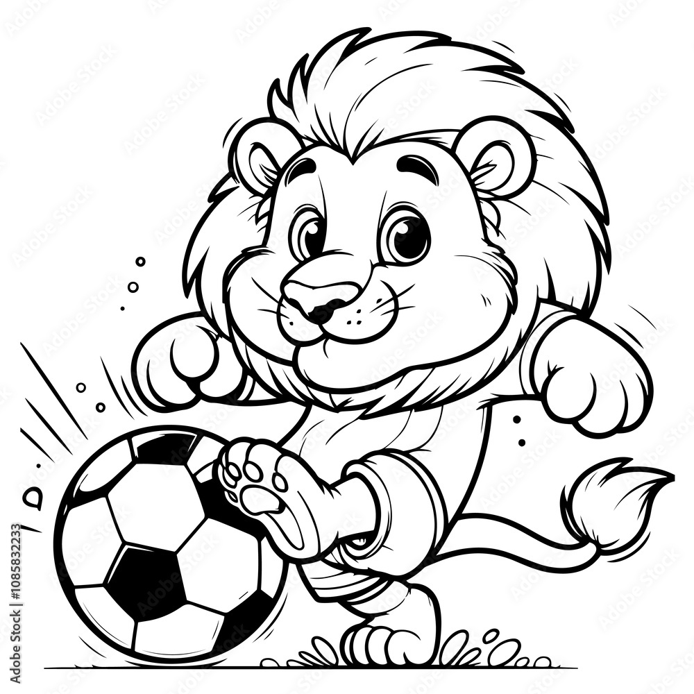 Cute Lion Playing Football Coloring Page, Cartoonish Style Cute Lion Playing Football Coloring Page, Cartoonish Style