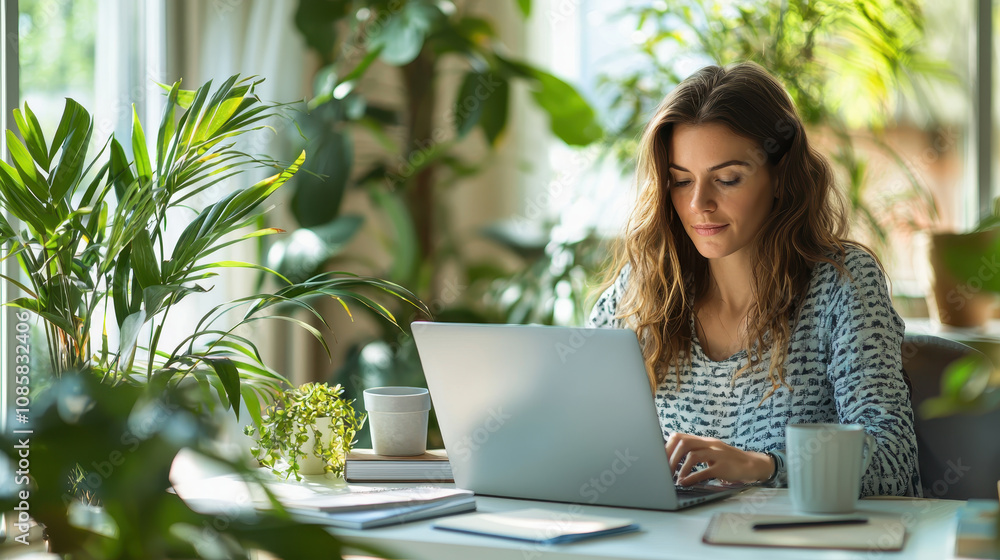 Woman working on laptop surrounded by plants home office bright environment productive atmosphere and copy space Woman working on laptop surrounded by plants home office bright environment productive atmosphere and copy space