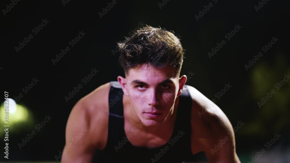 Strong Young Man Starting a Race From Track Starting Blocks Position on a Dark Stadium in the Evening. Cinematic Portrait of a Fit Male Sprint Runner Participating in a Competition Strong Young Man Starting a Race From Track Starting Blocks Position on a Dark Stadium in the Evening. Cinematic Portrait of a Fit Male Sprint Runner Participating in a Competition