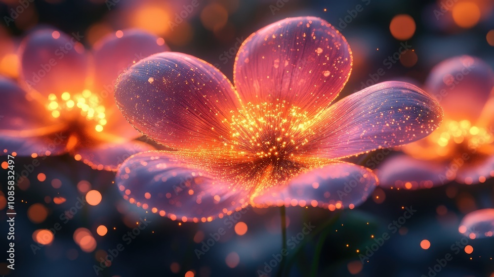 Glowing pink flowers with sparkles at night. Glowing pink flowers with sparkles at night.