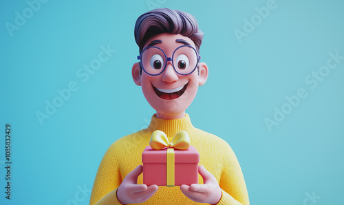 Icon of smiling man holding gift box with copy space. shopping and online shopping.  photo