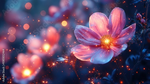 Glowing pink flower with magical sparkles at night.