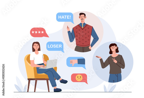 Girl with cyberbullying. Woman with hate on social networks. Negative feelings and emotions. Mental and psychological problems. Flat vector illustration isolated on white background