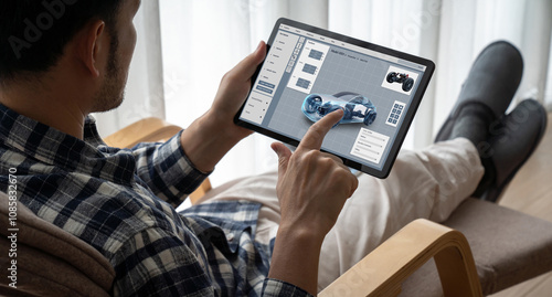 Electric car design software on computer screen showing simulation blueprint snugly by digital calculating application for manufacturing preparation