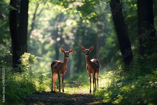 Pair of young deer in a sunlit forest clearing photo