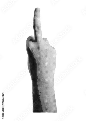 Hand displaying a rude middle finger gesture, isolated in retro halftone dot style. Provocative and offensive sign symbolizing aggression, inspired by 1990s vintage grunge