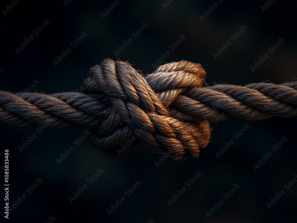 Intricate knot on thick rope with dramatic lighting Intricate knot on thick rope with dramatic lighting