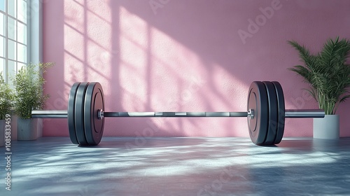 Minimalist fitness studio with a barbell placed on a polished floor illuminated by natural light from large windows against a pink wall and indoor plants providing a calming atmosphere