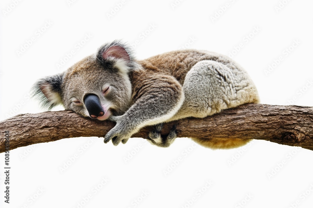 Naklejka premium Sleepy koala clinging to an invisible branch isolated on white background.