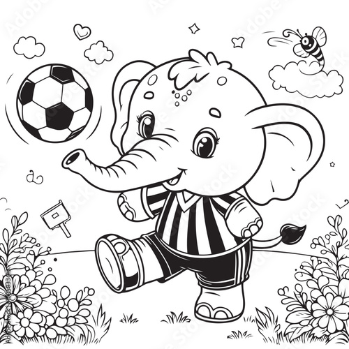 Cute Elephant Playing Football Coloring Page, Cartoonish Style
