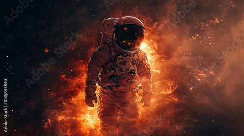 Fiery Astronaut Amidst Cosmic Nebula and Stars