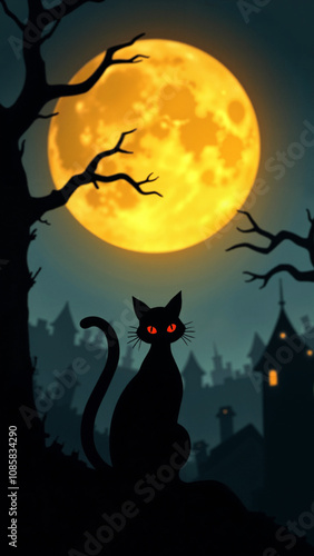 Spooky Black Cat Silhouette Against Full Moon: Halloween Graphic for Greeting Cards, Party Invitations, or Seasonal Decor