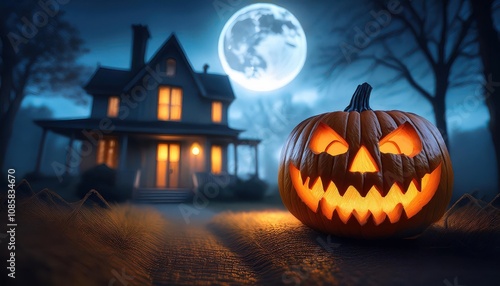 Spooky Halloween Scene: Glowing Jack-O’-Lantern and Haunted Victorian Mansion Under a Full Moon. Perfect Inspiration for Holiday Décor, Party Invitations, or Seasonal Artwork Concepts photo