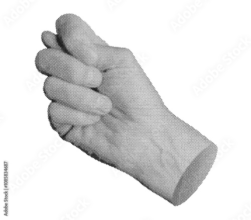 Hand displaying the fig gesture with thumb between fingers, isolated in retro halftone dot style. Nostalgic 1990s inspired symbol of provocation or insult. Vintage grunge texture