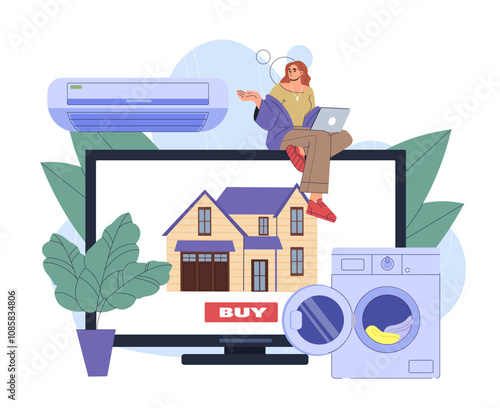 Woman buy house online. Young girl with laptop with real estate and private property. Mortgage and loan on internet. Deals with apartment. Flat vector illustration isolated on white background