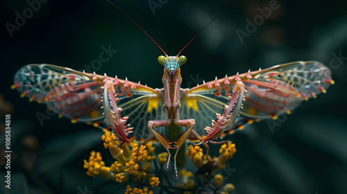 Amazing colorful Pseudocreobotra wahlbergii female. Spiny Flower Mantis show wings on black background