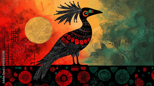 Minimalist Sankofa bird in black lines on red and green African patterned background