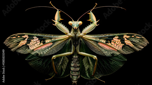 Amazing colorful Pseudocreobotra wahlbergii female. Spiny Flower Mantis show wings on black background