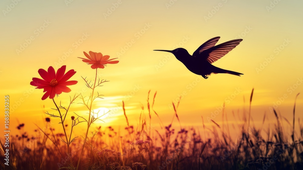 Fototapeta premium Silhouette of a hummingbird flying over a field of flowers at sunset.