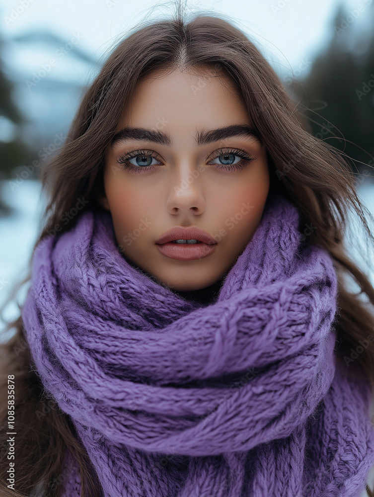 Woman wearing knitted woolen scarf in cozy outdoor winter setting Woman wearing knitted woolen scarf in cozy outdoor winter setting