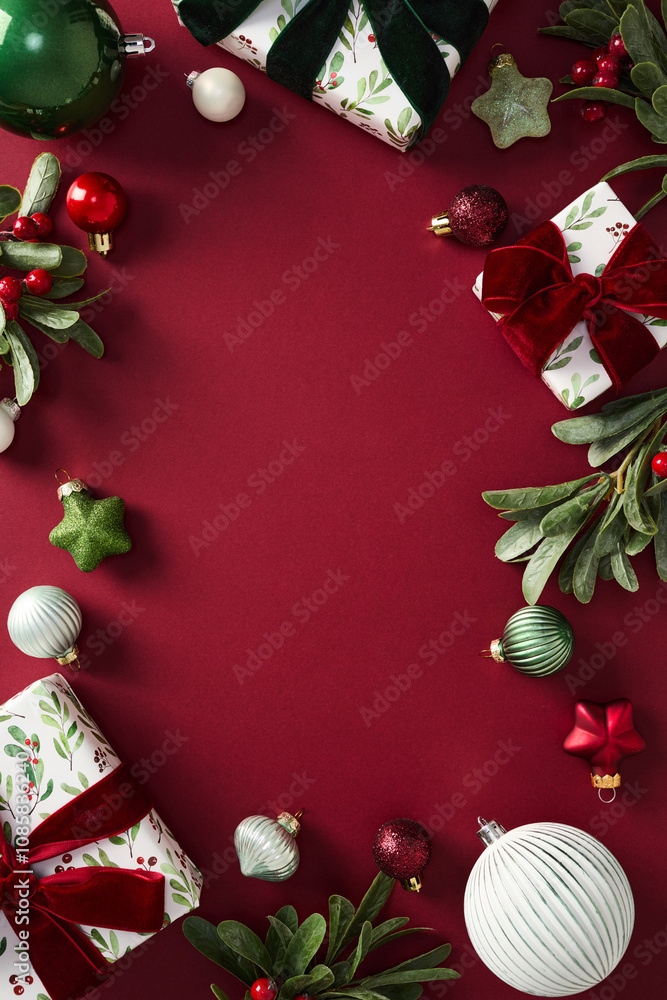Obraz premium Christmas flat lay with wrapped gifts, ornaments, and greenery on a red background. Xmas frame, festive New Year poster design