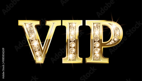 For VIP persons, gold letters with inlay of shiny diamonds and brilliants on black background. Vector illustration.
