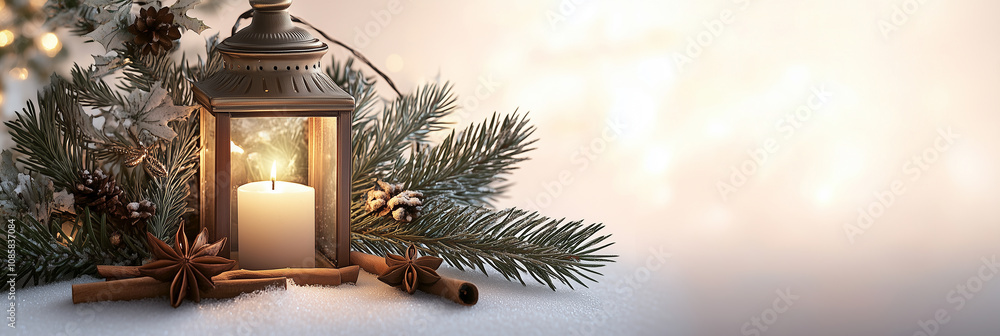 Rustic Lantern with Pine Branches and Spices in a Snowy Setting Rustic Lantern with Pine Branches and Spices in a Snowy Setting