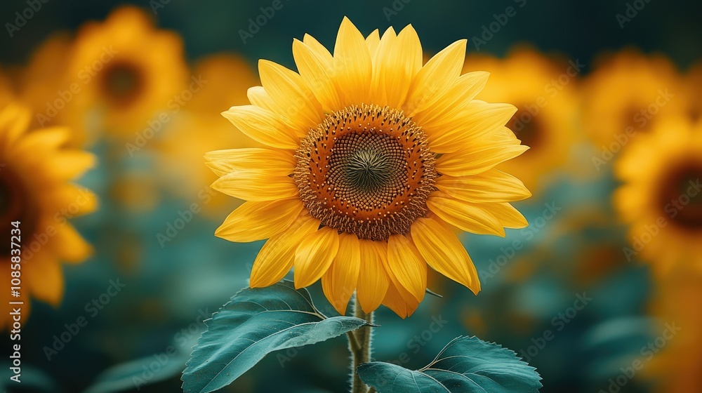 Fototapeta premium Vibrant sunflower in a field of sunflowers.