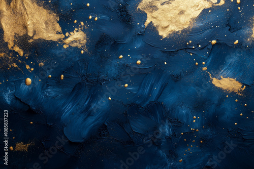 Dark blue and gold abstract background with metallic foil and layers of textural paint. An artistic and elegant minimalistic background with rich navy tones and accents of gold paint with splatters, photo