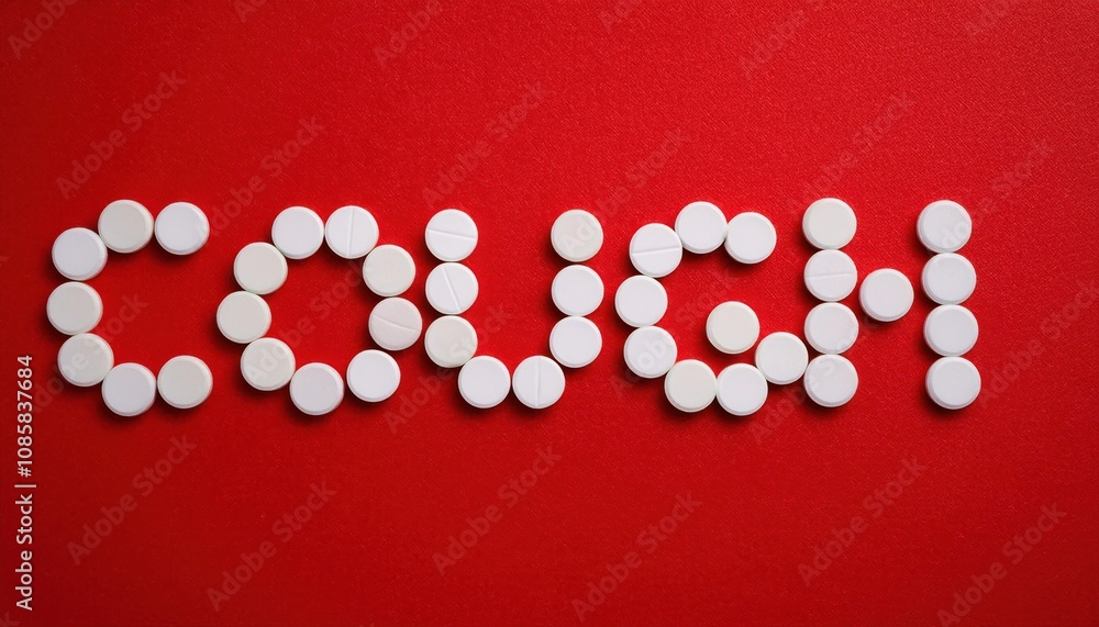 Creative Use of White Pills Spelling 'COUGH' Against a Bold Red Background. Conceptual Representation of Healthcare, Remedies, and Pharmaceutical Solutions for Respiratory Issues Creative Use of White Pills Spelling 'COUGH' Against a Bold Red Background. Conceptual Representation of Healthcare, Remedies, and Pharmaceutical Solutions for Respiratory Issues