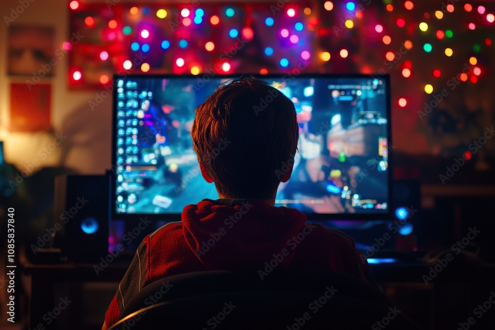 Low-light, high-contrast image of a boy playing a computer game on a gaming PC Low-light, high-contrast image of a boy playing a computer game on a gaming PC