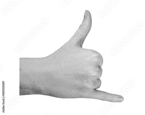 Hand gesture making the shaka sign with thumb and pinky extended, symbolizing surf culture and Hawaiian vibes. Designed in retro halftone dot style, inspired by nostalgic 1990s
