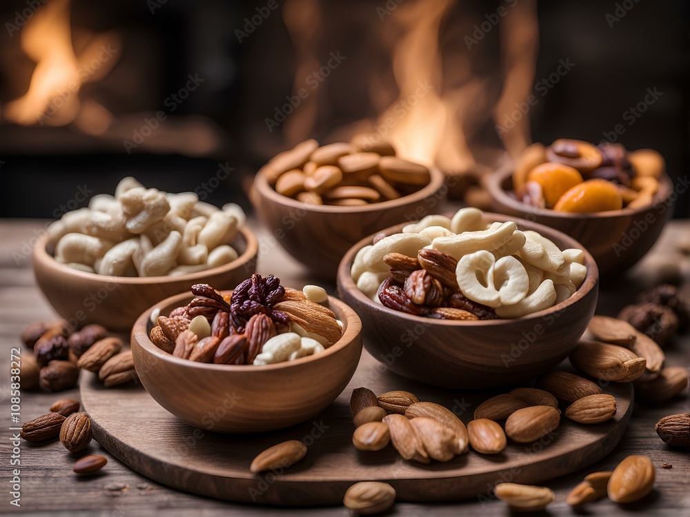 A Rustic Wooden Table with Delicately Arranged Dry Fruits A Rustic Wooden Table with Delicately Arranged Dry Fruits