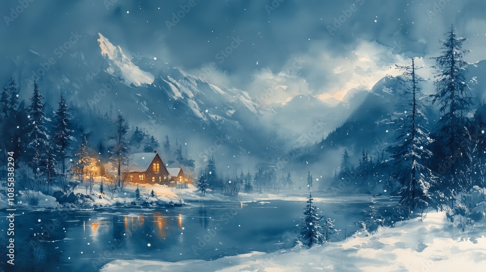 Serene cold winter landscape featuring snowy houses, a frozen lake, and mountains in the background Serene cold winter landscape featuring snowy houses, a frozen lake, and mountains in the background